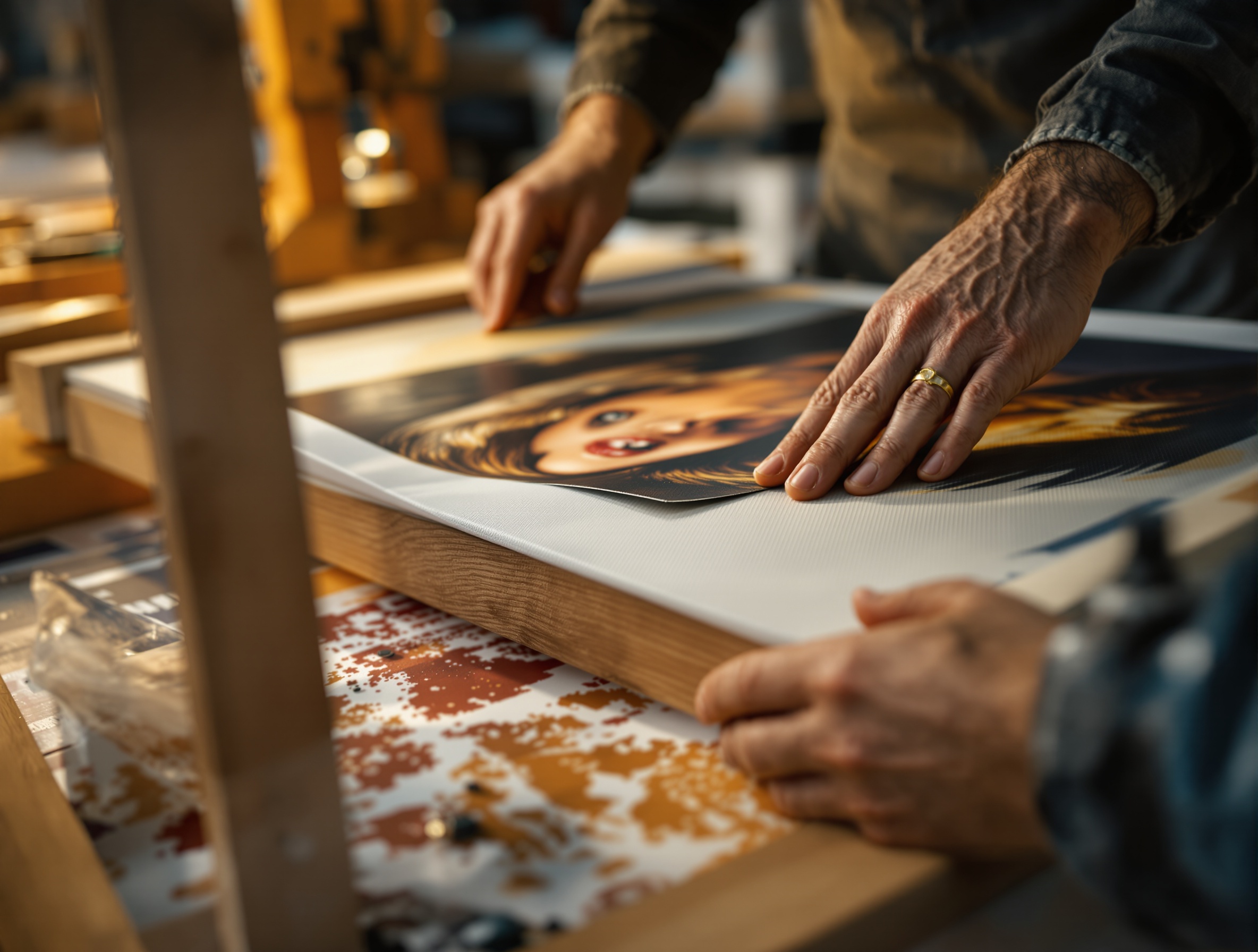 Toile tendue à la main dans notre atelier européen
